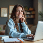 Jeune femme souriante dans un bureau moderne avec ordinateur