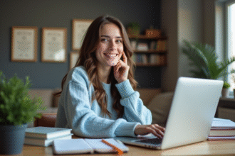 Jeune femme souriante dans un bureau moderne avec ordinateur