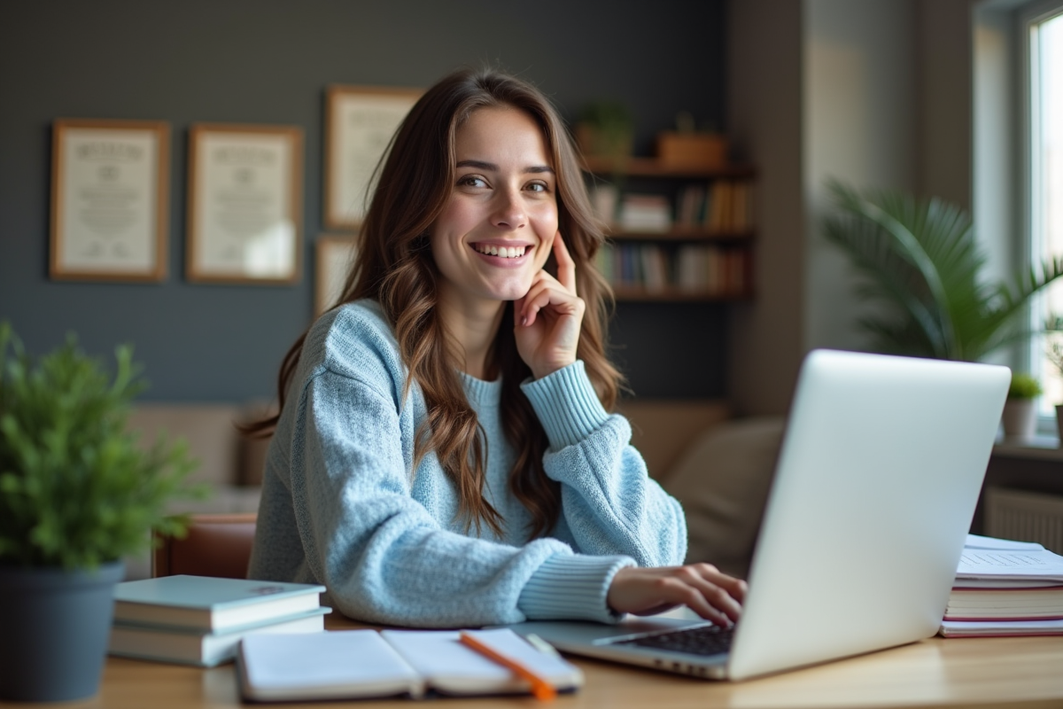 Jeune femme souriante dans un bureau moderne avec ordinateur