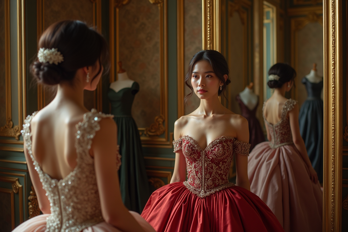 Femme en robe couture examinant son reflet dans un miroir