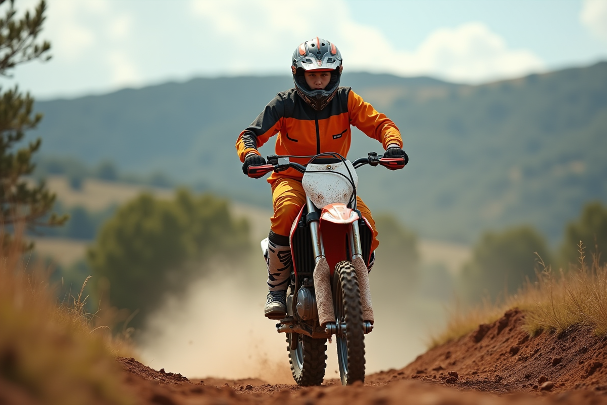 Jeune femme en motocross sur un sentier en pleine nature