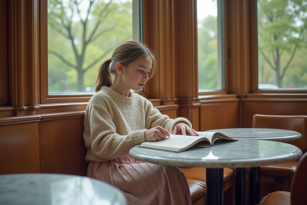 Une adolescente assise à un café en intérieur