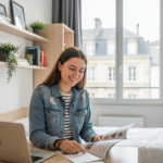 Jeune femme souriante dans son dortoir à Nantes