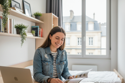 Jeune femme souriante dans son dortoir à Nantes
