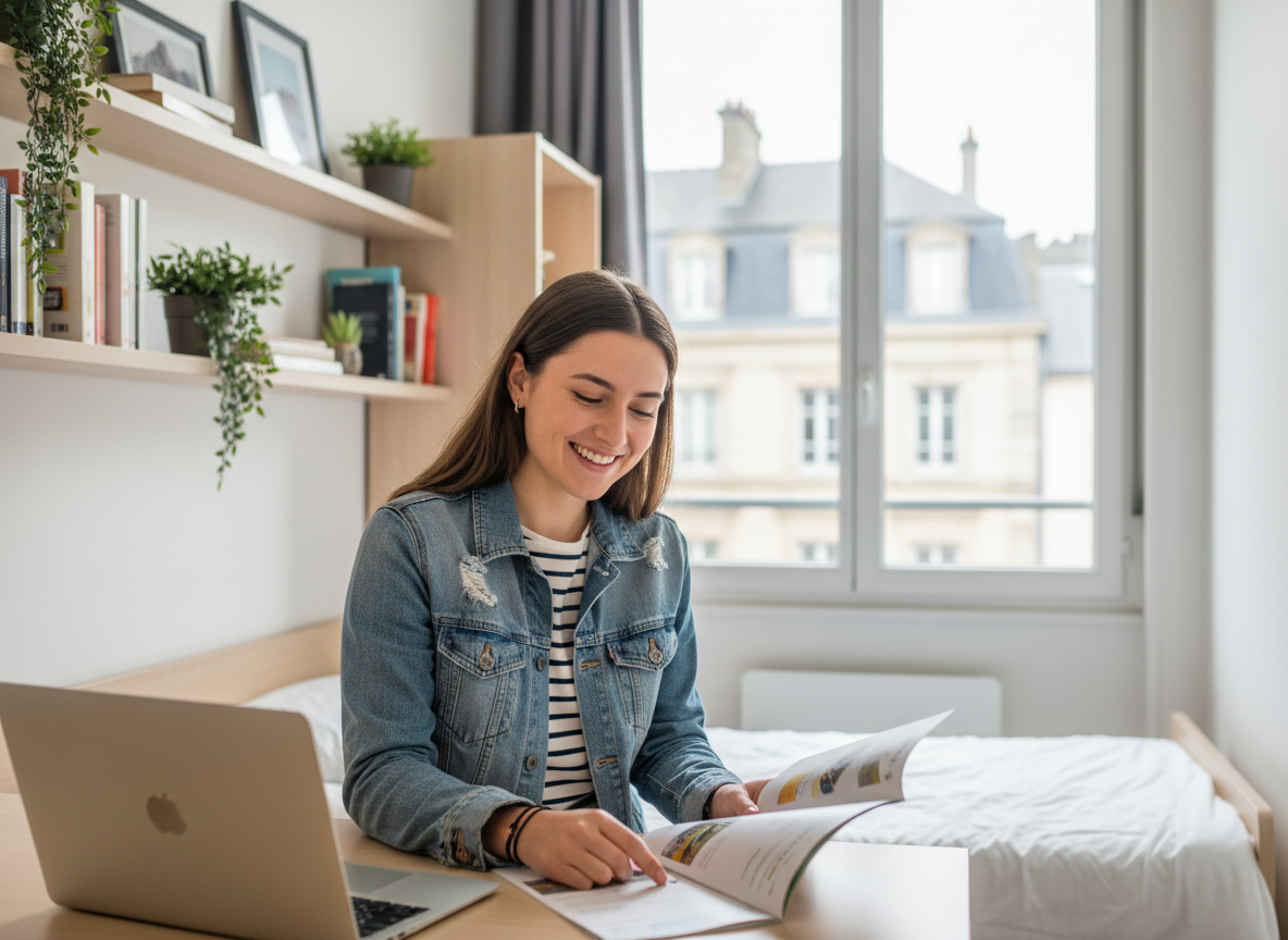 Jeune femme souriante dans son dortoir à Nantes