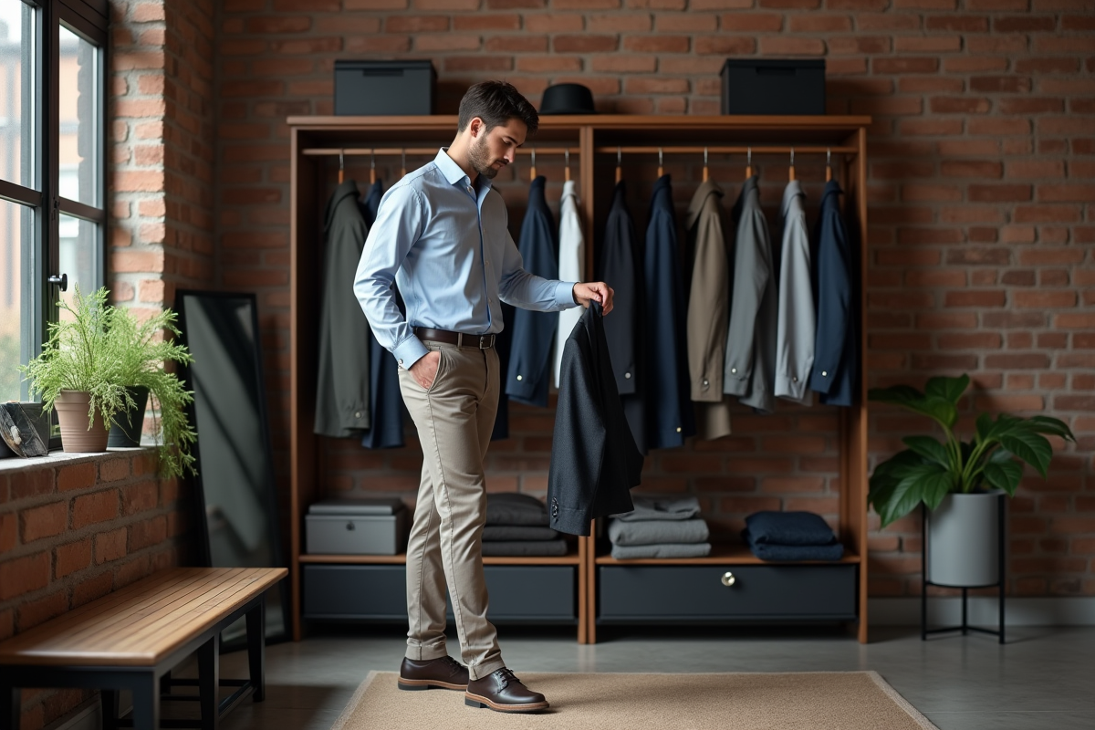 Jeune homme sélectionnant un vêtement dans un dressing urbain