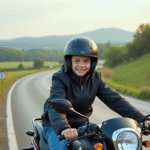 Jeune garçon souriant à moto sur route de campagne