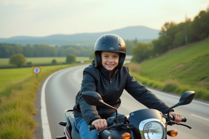 Jeune garçon souriant à moto sur route de campagne