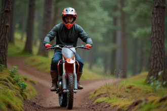 Jeune homme en motocross sur une moto 125cc en forêt