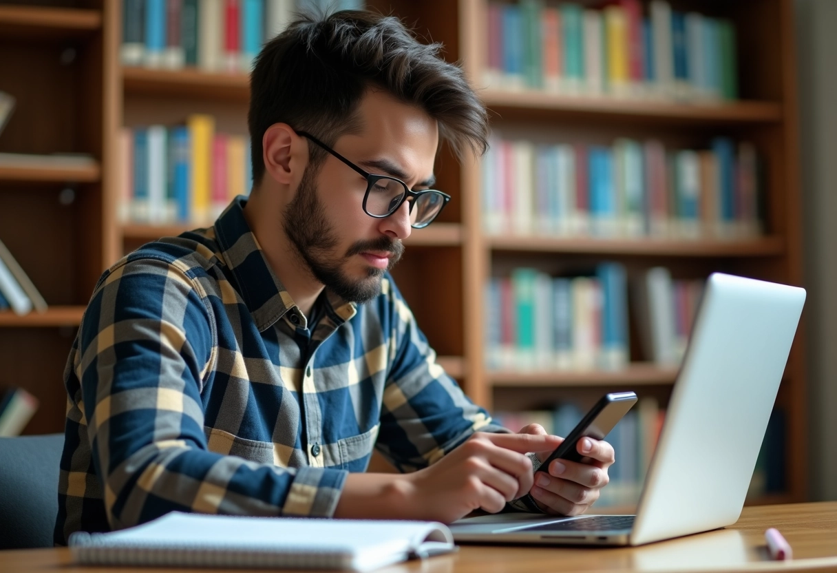 Jeune homme résout un puzzle sur son smartphone à la bibliothèque