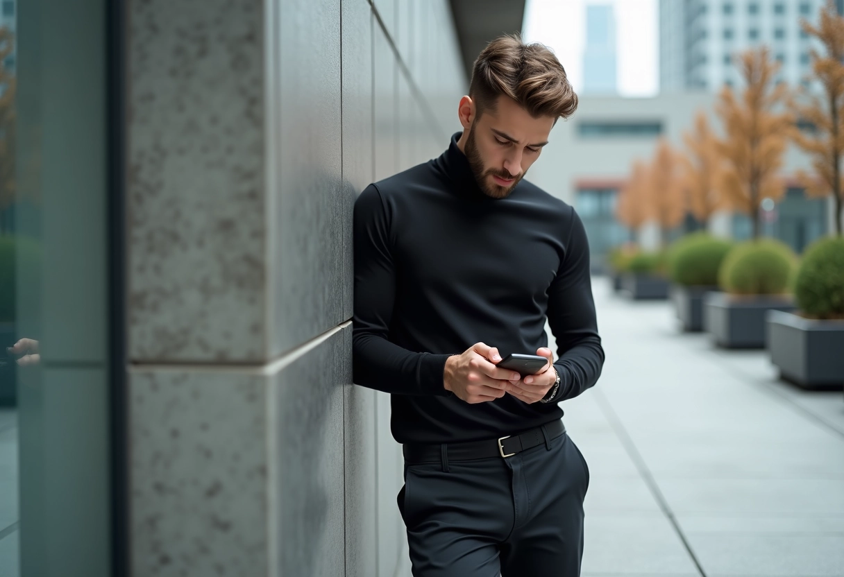 Jeune homme décontracté utilisant son smartphone en ville