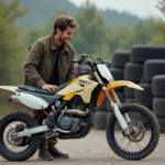 Jeune homme en motocross inspectant une moto 125cc