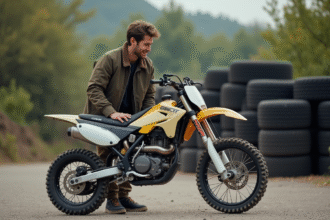 Jeune homme en motocross inspectant une moto 125cc
