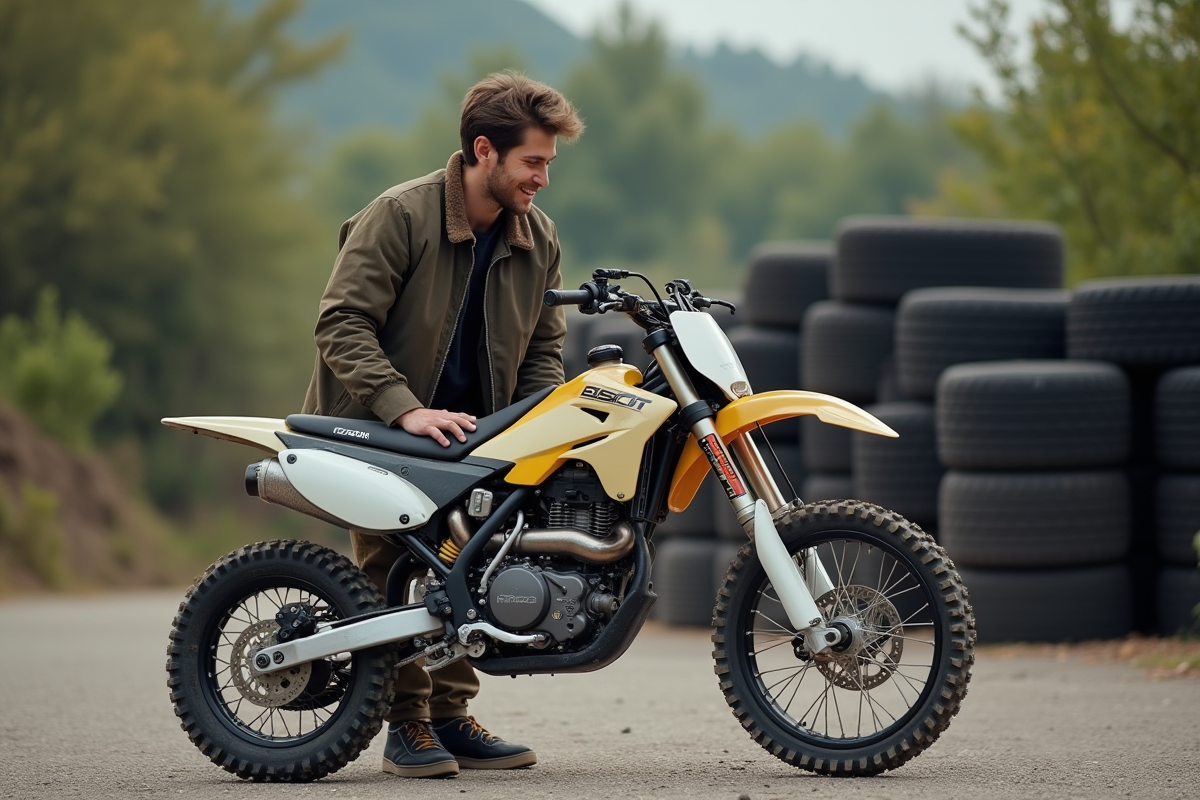 Jeune homme en motocross inspectant une moto 125cc
