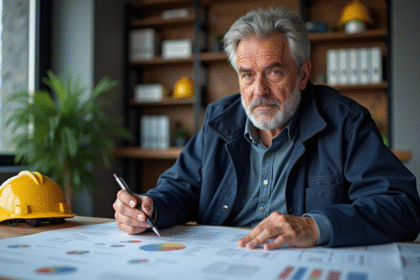 Ouvrier en bureau avec plans et devis de construction
