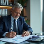 Banque homme en costume bleu examine des rapports financiers