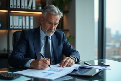 Banque homme en costume bleu examine des rapports financiers