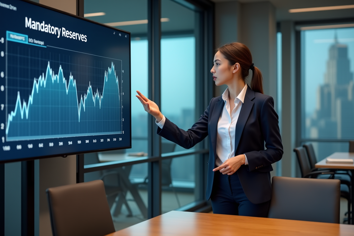 Jeune economiste en réunion expliquant un graphique financier