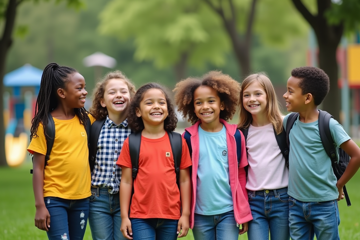 Enfants de différentes origines dans un parc en riant