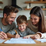 Famille jeune autour d'une table à cuisiner et planifier le budget