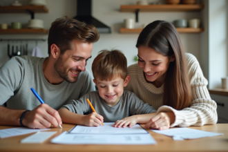 Famille jeune autour d'une table à cuisiner et planifier le budget