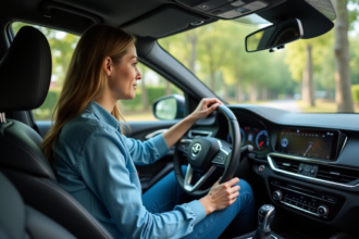 Femme en voiture moderne assise au volant dans un intérieur élégant