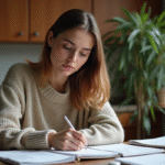 Jeune femme organisant ses reçus de vêtements dans sa cuisine