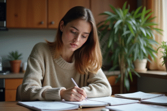 Jeune femme organisant ses reçus de vêtements dans sa cuisine