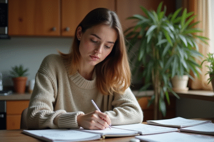 Jeune femme organisant ses reçus de vêtements dans sa cuisine