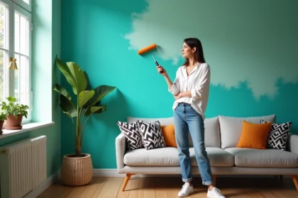 Femme en jeans et blouse blanche peignant un mur turquoise