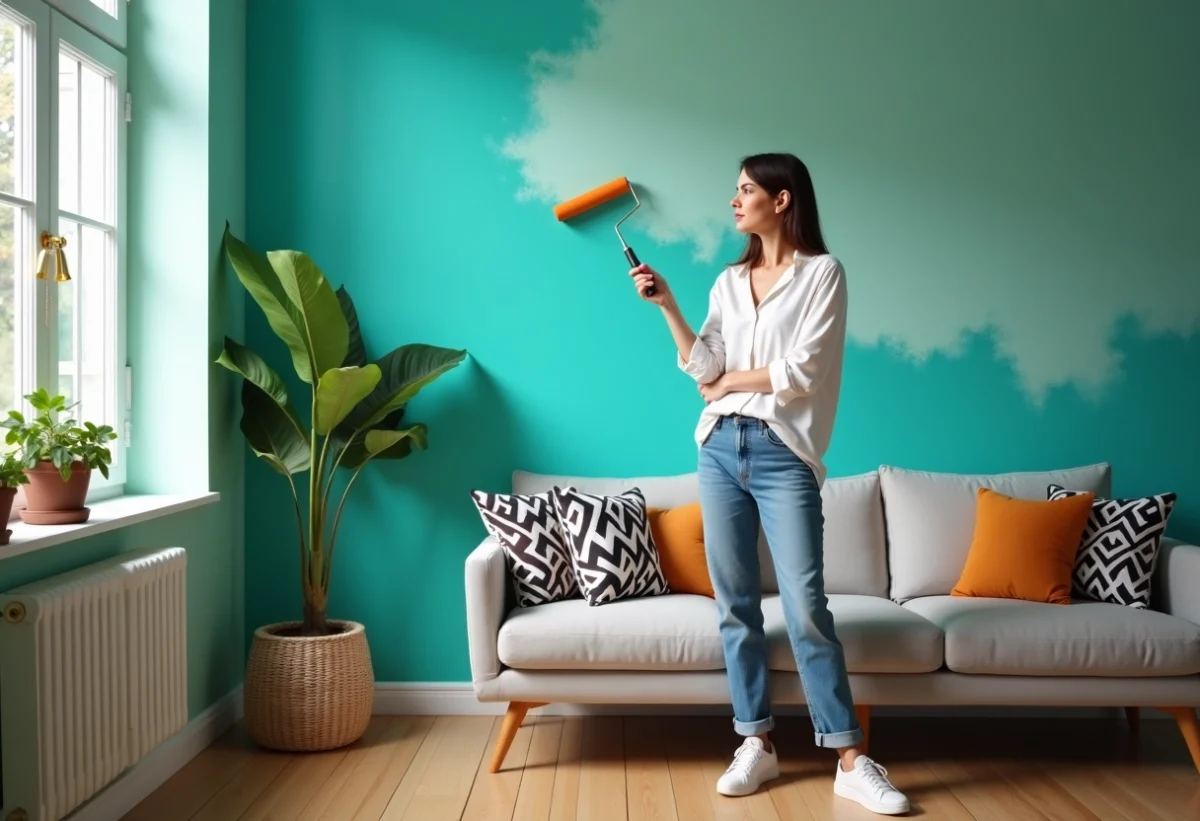 Femme en jeans et blouse blanche peignant un mur turquoise