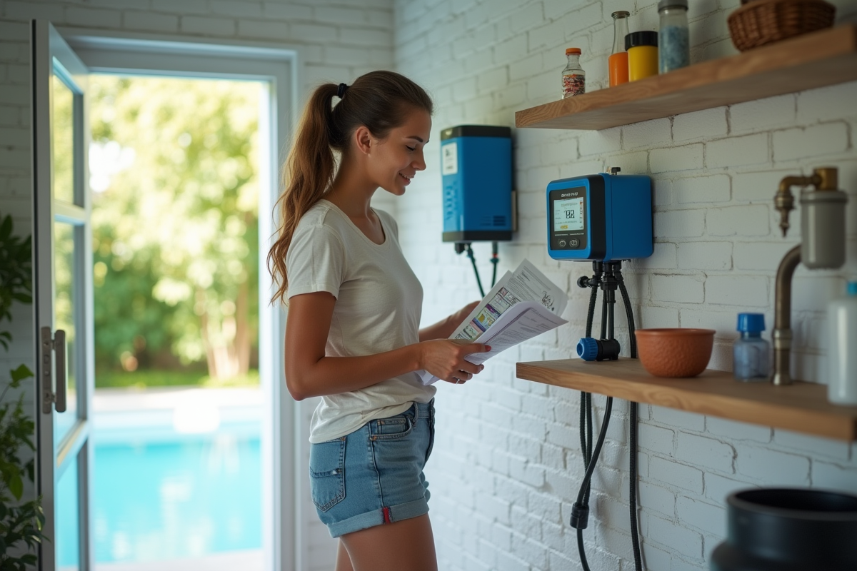 Jeune femme ajustant un chlorinateur de piscine intérieur