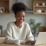 Jeune femme travaillant sur son ordinateur dans sa cuisine