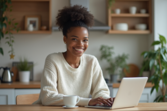 Jeune femme travaillant sur son ordinateur dans sa cuisine