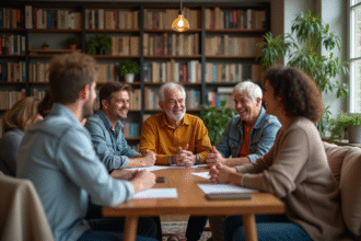 Groupe d'adultes divers en conversation conviviale