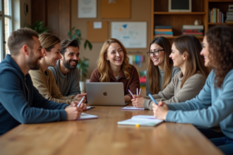 Groupe diversifié en discussion dans un centre communautaire