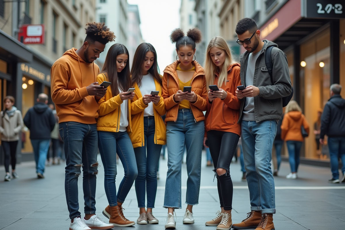 Groupe de jeunes adultes dans la rue avec leurs smartphones