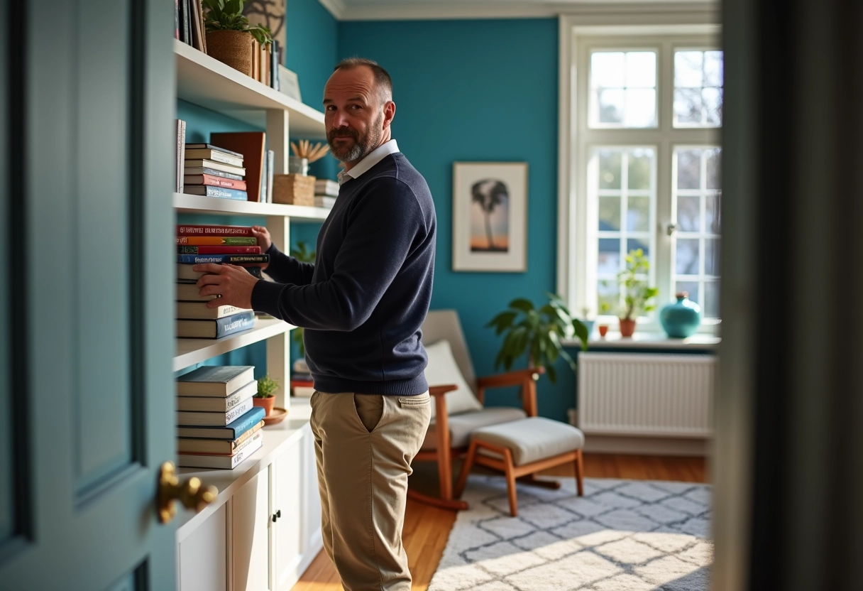 Homme arrangeant des livres colorés dans une bibliothèque moderne