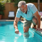 Homme d'âge moyen versant du sel dans la piscine extérieure