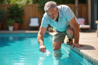 Homme d'âge moyen versant du sel dans la piscine extérieure