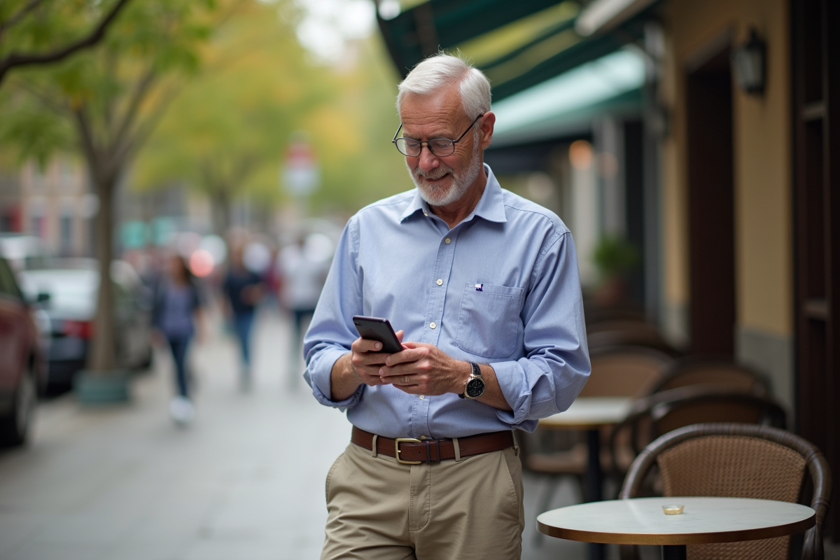 Homme retraité utilisant son smartphone au café en ville