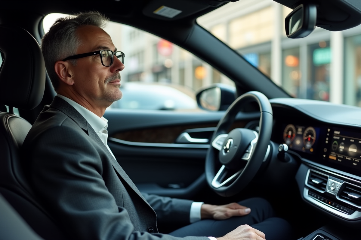 Homme en costume dans une voiture haut de gamme