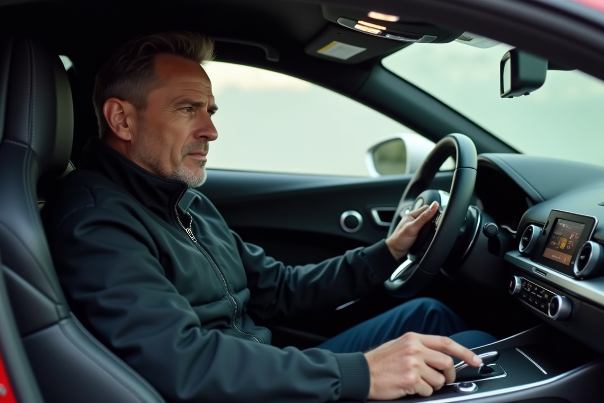Homme en veste sombre dans une voiture sportive moderne