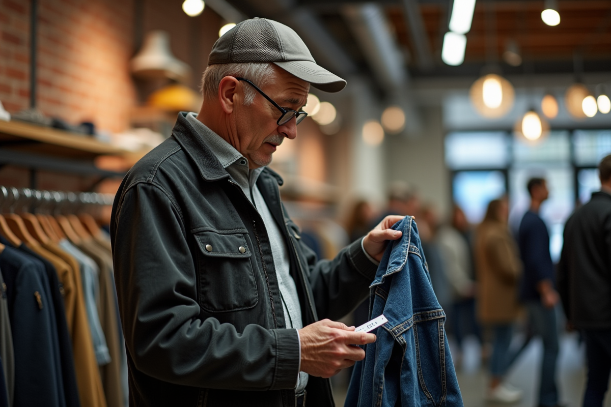 Homme examinant une étiquette de prix dans une boutique de vêtements
