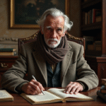 Homme âgé en manteau dans une bibliothèque parisienne