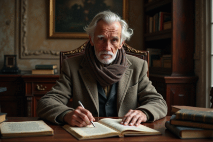 Homme âgé en manteau dans une bibliothèque parisienne