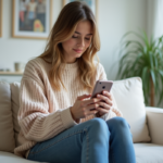 Jeune femme assise sur un sofa dans un appartement lumineux