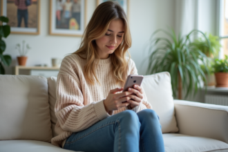Jeune femme assise sur un sofa dans un appartement lumineux