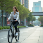 Jeune femme à vélo électrique dans une ville futuriste