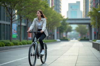 Jeune femme à vélo électrique dans une ville futuriste